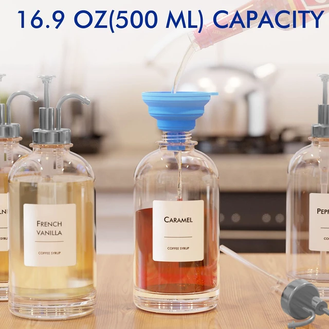 Alt view image 2 of 7 - 16.9 oz/500 ml Coffee Syrup Dispenser Set - 2 Glass Bottles with Silver Pumper and Syrup Labels - Precise Dispensing and Stylish Addition to Coffee Shop, Cafe or Home Bar