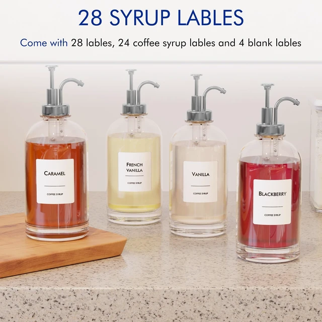 Alt view image 4 of 7 - 16.9 oz/500 ml Coffee Syrup Dispenser Set - 6 Glass Bottles with Silver Pumper and Syrup Labels - Precise Dispensing and Stylish Addition to Coffee Shop, Cafe or Home Bar