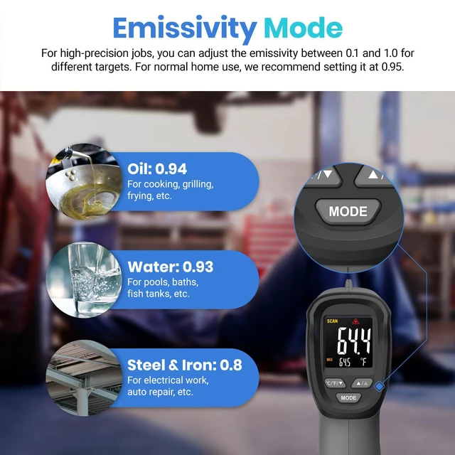 Alt view image 6 of 7 - Infrared Thermometer Laser Temperature Gun, Color Display Easy-to-Read LCD, Large Color Digits, Pizza Oven, Griddle, Meat, HVAC, MAX Temperature, Adjustable Emissivity