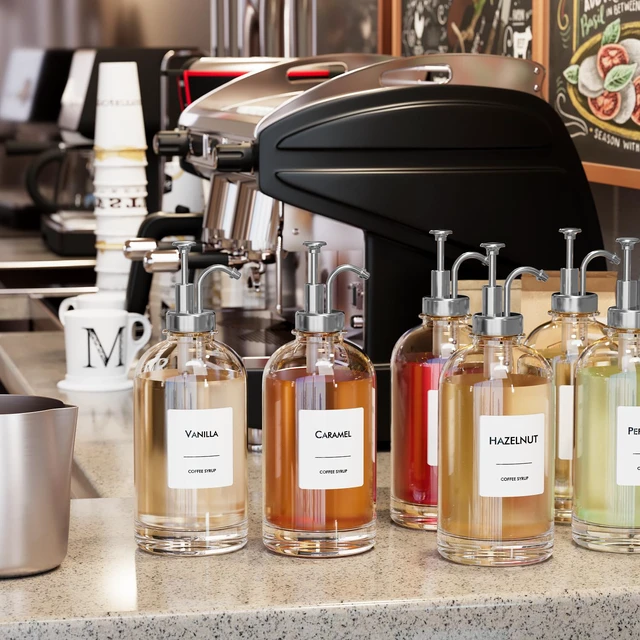Alt view image 5 of 7 - 16.9 oz/500 ml Coffee Syrup Dispenser Set - 6 Glass Bottles with Silver Pumper and Syrup Labels - Precise Dispensing and Stylish Addition to Coffee Shop, Cafe or Home Bar