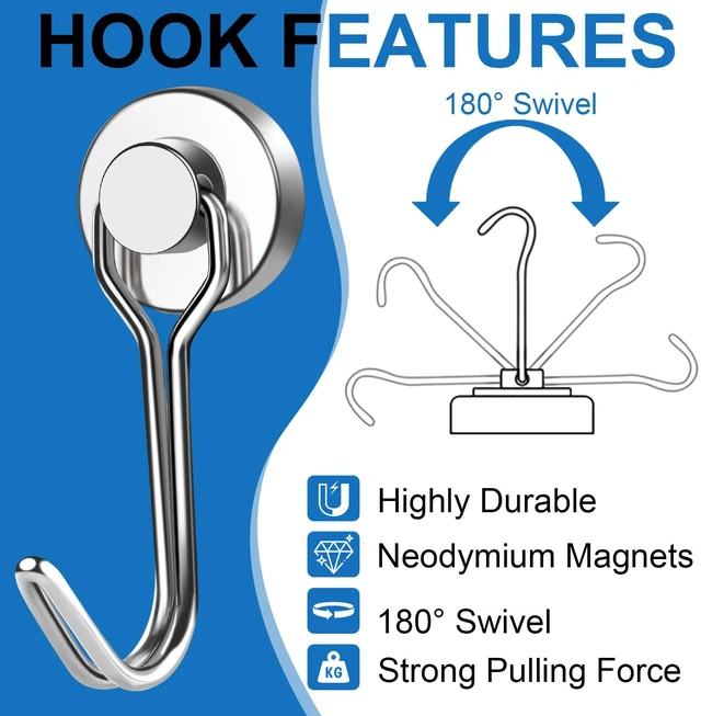 Alt view image 4 of 6 - Swivel Swing Magnetic Hooks, 50PCS 30lbs Magnet Hook Heavy Duty Strong Magnets Refrigerator Fridge Hanging for Classroom Beach Vacation Kitchen Grills Home