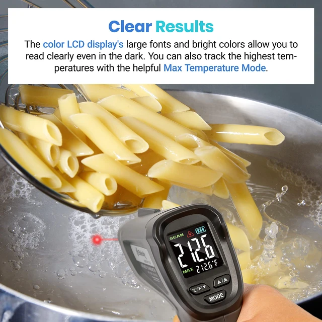 Alt view image 5 of 7 - Infrared Thermometer Laser Temperature Gun, Color Display Easy-to-Read LCD, Large Color Digits, Pizza Oven, Griddle, Meat, HVAC, MAX Temperature, Adjustable Emissivity