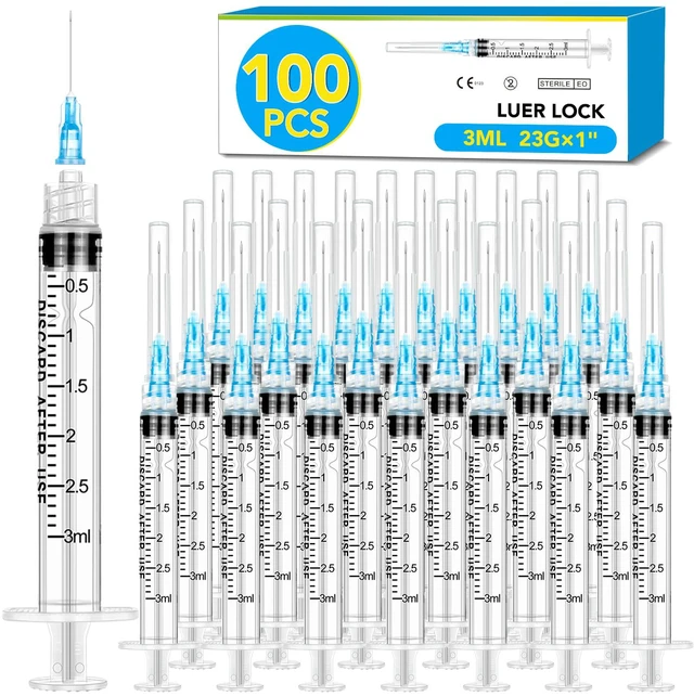 Main image of 100 Pack 3ml Syringes with Needle-23Ga 1 Inch Needle with Luer Lock, Individually Sealed Packaging