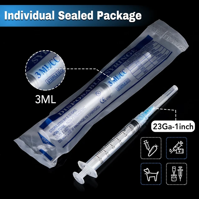 Alt view image 2 of 7 - 100 Pack 3ml Syringes with Needle-23Ga 1 Inch Needle with Luer Lock, Individually Sealed Packaging