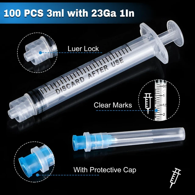 Alt view image 3 of 7 - 100 Pack 3ml Syringes with Needle-23Ga 1 Inch Needle with Luer Lock, Individually Sealed Packaging