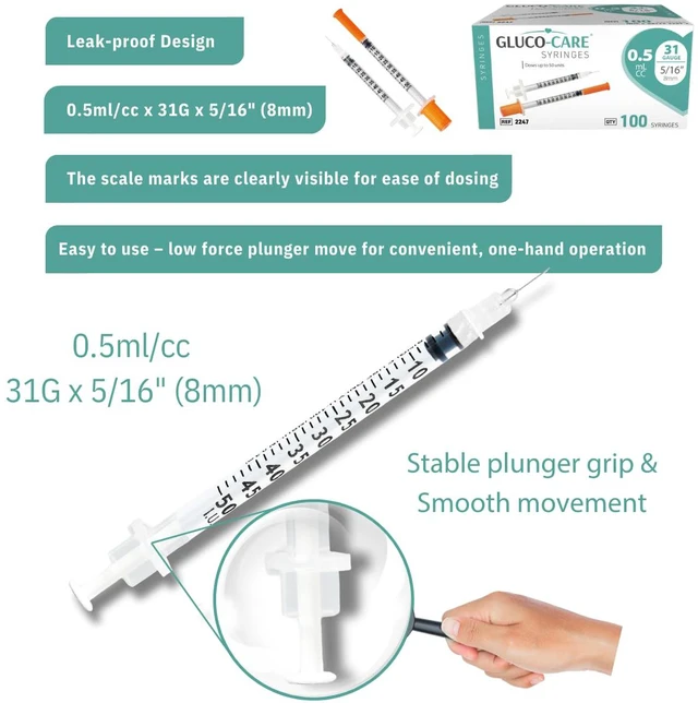 Alt view image 7 of 7 - 0.5 ml/cc Syringes 31G x 5/16 (8mm), 100/box Fine Tip, Home & Lab Use, Clear Barrel, Bold Scale, Smooth Plunger Movement with back-end stopper, Leak-Proof Design
