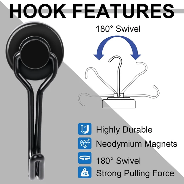 Alt view image 4 of 6 - Swivel Swing Black Magnetic Hooks, 50PCS 30lbs Magnet Hook Heavy Duty Strong Magnets Refrigerator Fridge Hanging for Classroom Beach Vacation Kitchen Grills Home