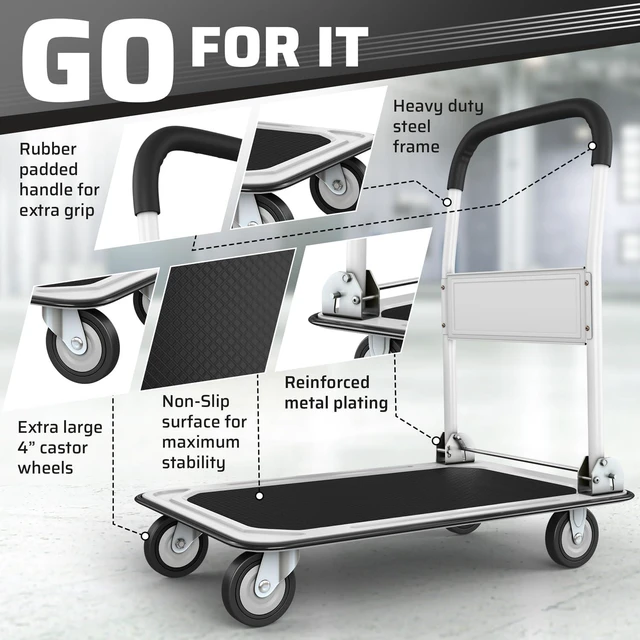 Alt view image 3 of 6 - Heavy Duty Foldable Push Cart Dolly | 330 lbs. Capacity | Upgraded Collapsible Hand Truck Folding Platform with Swivel Wheels | Flat Bed Moving Wagon | Space Saving Push Handle (White)
