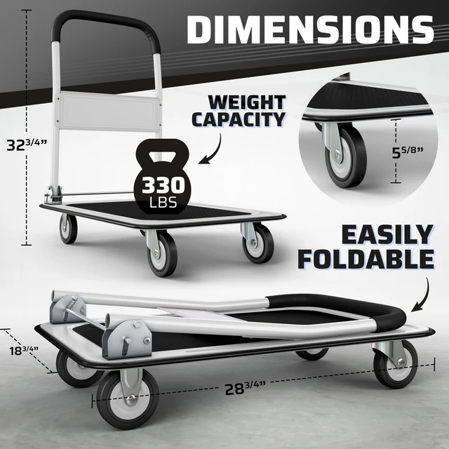 Alt view image 2 of 6 - Heavy Duty Foldable Push Cart Dolly | 330 lbs. Capacity | Upgraded Collapsible Hand Truck Folding Platform with Swivel Wheels | Flat Bed Moving Wagon | Space Saving Push Handle (White)