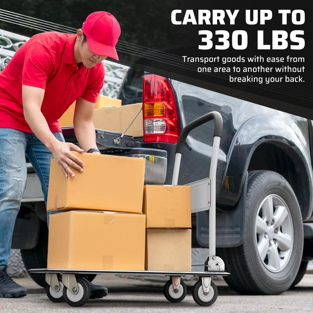 Alt view image 4 of 6 - Heavy Duty Foldable Push Cart Dolly | 330 lbs. Capacity | Upgraded Collapsible Hand Truck Folding Platform with Swivel Wheels | Flat Bed Moving Wagon | Space Saving Push Handle (White)