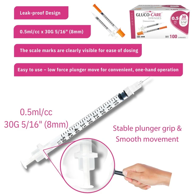 Alt view image 6 of 7 - 0.5 ml/cc Syringes 30G x 5/16 (8mm), 100/box Fine Tip, Home & Lab Use, Clear Barrel, Bold Scale, Smooth Plunger Movement with back-end stopper, Leak-Proof Design
