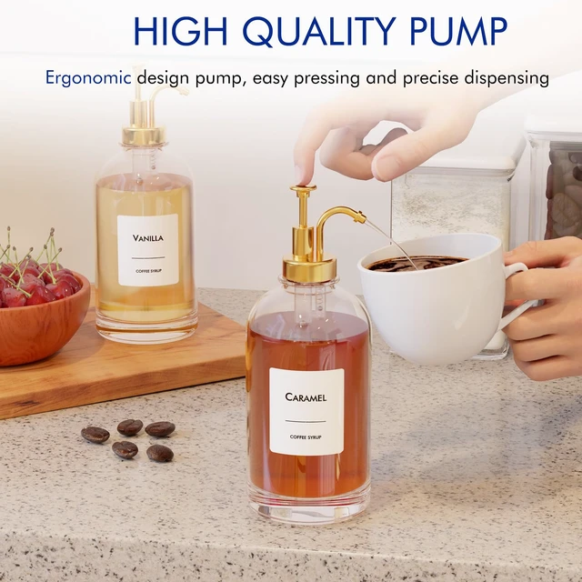 Alt view image 3 of 7 - 16.9 oz/500 ml Coffee Syrup Dispenser Set - 6 Glass Bottles with Gold Pumper and Syrup Labels - Precise Dispensing and Stylish Addition to Coffee Shop, Cafe or Home Bar