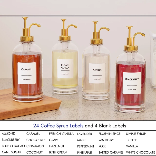 Alt view image 5 of 7 - 16.9 oz/500 ml Coffee Syrup Dispenser Set - 6 Glass Bottles with Gold Pumper and Syrup Labels - Precise Dispensing and Stylish Addition to Coffee Shop, Cafe or Home Bar