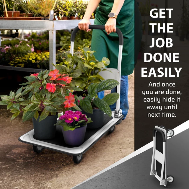 Alt view image 6 of 6 - Heavy Duty Foldable Push Cart Dolly | 330 lbs. Capacity | Upgraded Collapsible Hand Truck Folding Platform with Swivel Wheels | Flat Bed Moving Wagon | Space Saving Push Handle (White)