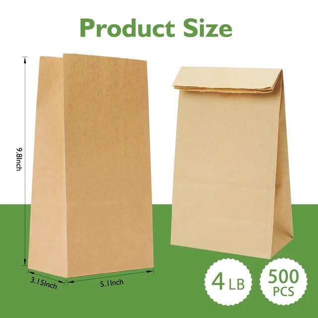 Alt view image 2 of 7 - 500 Pcs 4LB Brown Paper Lunch Bags, Disposable Kraft Paper Bag 5.1x3.2x9.8 Inch, Fold Top Closure, For Sandwiches, Snacks, Lunches, Crafts, Gift Bags and Takeout