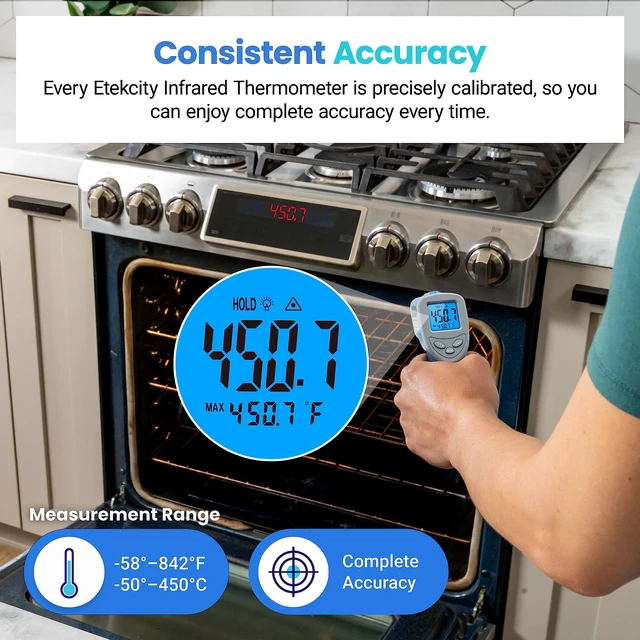 Alt view image 7 of 7 - Infrared Thermometer Laser Temperature Gun 774, Blue Cooking, Pizza Oven, Griddle, BBQ, Meat, HVAC, Engine, Adjustable Emissivity, MAX Display, Surface Measurement