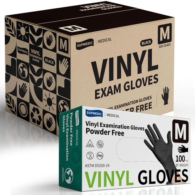 Main image of Vinyl Medical Exam Gloves, Latex & Powder-Free Disposable, Black VINYL+ Powder-Free Latex-Free Medical Grade Cooking Cleaning Food Prep Examination Black 100 & 1000 Ct