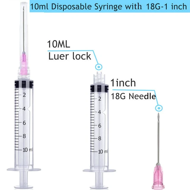 Alt view image 2 of 6 - 100 Pack Disposable 10ml/cc Lab Syringes with 18Ga 1 Inch Needle Luer Lock, Individually Sealed Packed