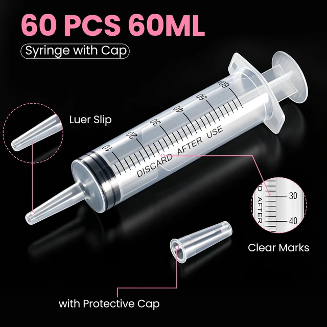 Alt view image 3 of 7 - 60 PCS 60ml Oral Syringe With Cap, Plastic Syringes without Needle for Medicine Dropper, Feeding Pets, Liquid Measuring, Handicrafts, Individually Sealed, Luer Slip