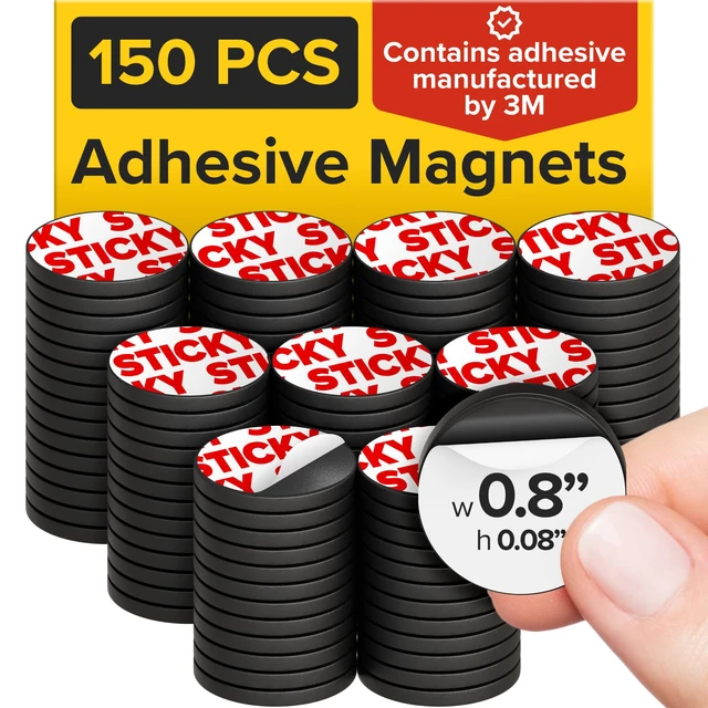 Main image of Sticky Flexible Adhesive Magnets for Crafts, 0.8"x0.08" (20x2mm), 150 pcs Flexible Sticky Magnetic Dots for Office & School Supplies, Whiteboard, Crafts, Fridge, School Projects & Classroom Decor