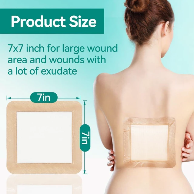 Alt view image 6 of 7 - Large Bandage Silicone Foam Dressing Bordered Adhesive 7"x7" 5 Packs Adhesive Border Waterproof for Bedsore Burn Post Surgery