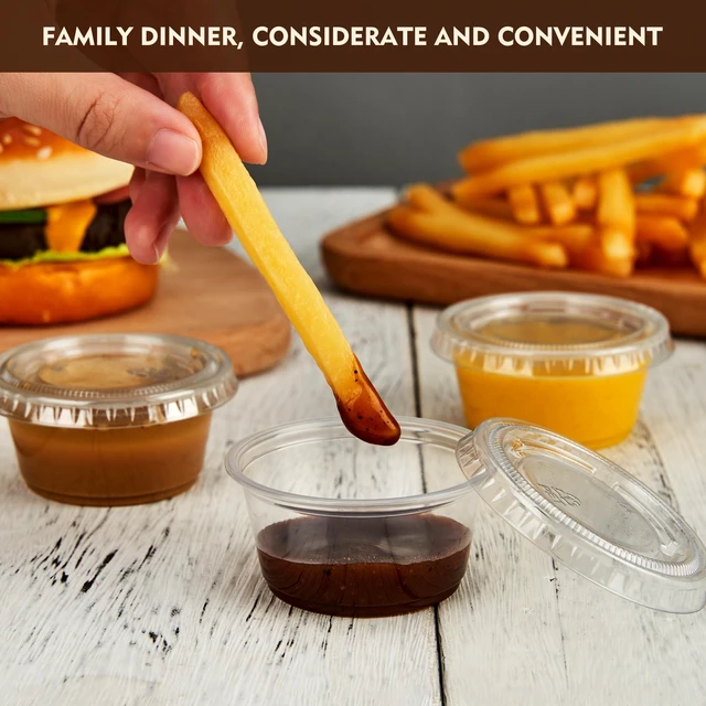 Alt view image 2 of 7 - 2 oz 500 pack Jello Cups with Lids, Disposable Souffle Cups with Lids, Clear Portion Cups for Dipping Sauce, Salad Dressing, Samples, Meal Prep, and Condiment, Ideal for Lunch, Party to Go, Trips