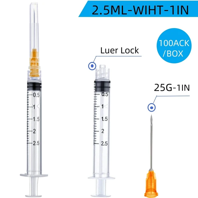 Alt view image 2 of 7 - 100 Pack Disposable 2.5ml/cc Lab Syringes with 25Ga 1 Inch Needle Luer Lock, Individually Sealed Packed