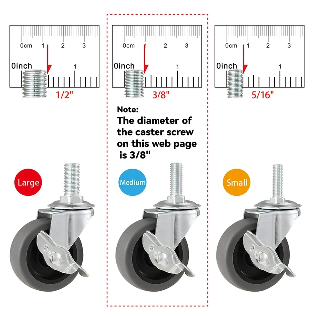 Alt view image 3 of 7 - Caster Wheels, 3" Locking Swivel Threaded Stem Casters Set with Brake of 16 3/8"-16 x 1" (Screw Diameter 3/8", Length 1")Rubber Casters with 360 Degree No Noise Wheels for Furniture and Workbench