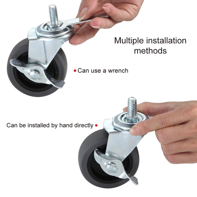 Alt view image 4 of 7 - Caster Wheels, 3" Locking Swivel Threaded Stem Casters Set of 4 3/8"-16 x 1" (Screw Diameter 3/8", Length 1")Rubber Casters with 360 Degree No Noise Wheels for Furniture and Workbench