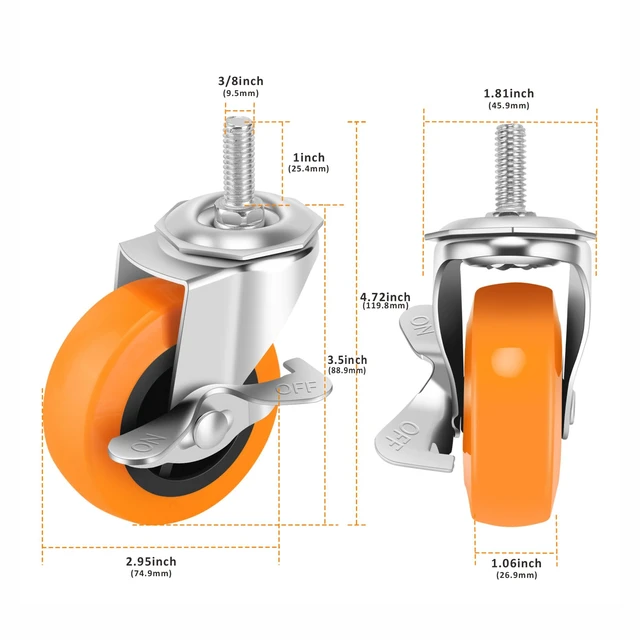 Alt view image 2 of 7 - Caster Wheels with Threaded Stem, 3 Inch Locking Swivel Casters Set of 16 3/8"-16 x 1 (Screw Diameter 3/8", Length 1") Polyurethane Swivel Castors, 360 Degree Caster with Brake Wheels for Furniture