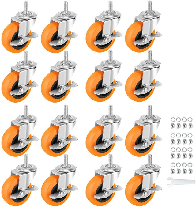 Main image of Caster Wheels with Threaded Stem, 3 Inch Locking Swivel Casters Set of 16 3/8"-16 x 1 (Screw Diameter 3/8", Length 1") Polyurethane Swivel Castors, 360 Degree Caster with Brake Wheels for Furniture