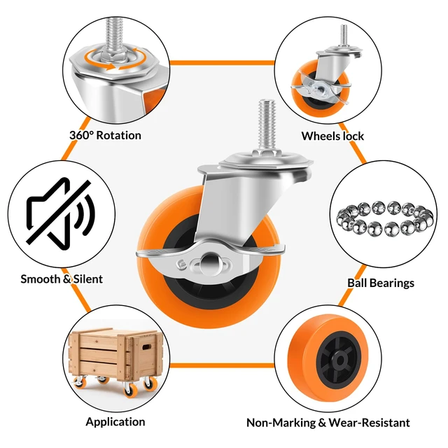 Alt view image 4 of 7 - Caster Wheels with Threaded Stem, 3 Inch Locking Swivel Casters Set of 16 3/8"-16 x 1 (Screw Diameter 3/8", Length 1") Polyurethane Swivel Castors, 360 Degree Caster with Brake Wheels for Furniture