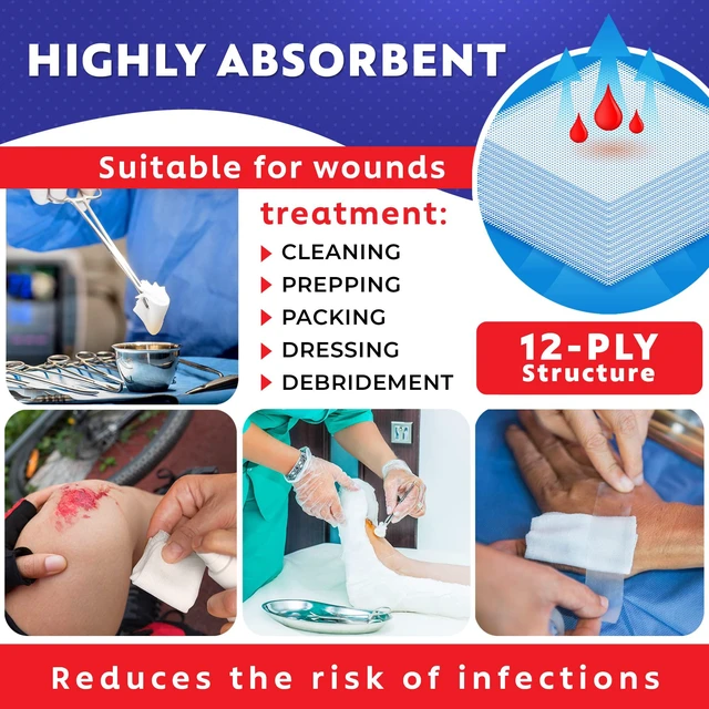 Alt view image 3 of 6 - 100pc Large Sterile Pads 4x4 Sterile for Wounds Bulk - 12ply Woven Sponges - USP IV Breathable Mesh 4x4 Pads Sterile for Enhanced Absorption - First Aid Medical