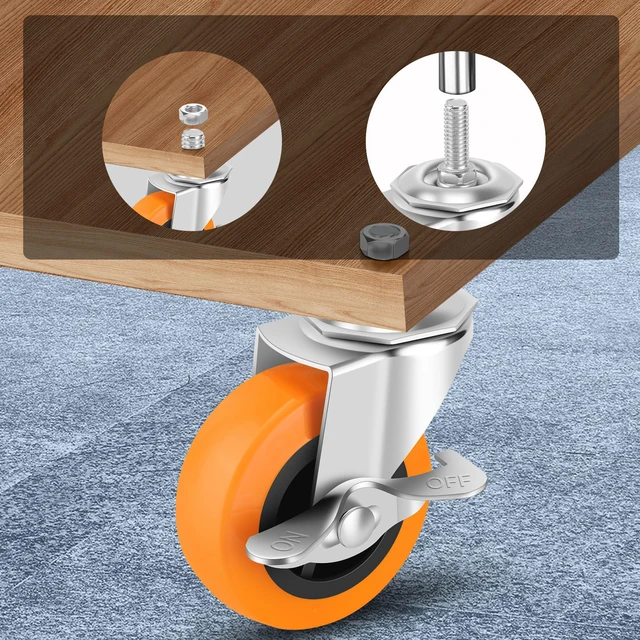 Alt view image 3 of 7 - Caster Wheels with Threaded Stem, 3 Inch Locking Swivel Casters Set of 16 3/8"-16 x 1 (Screw Diameter 3/8", Length 1") Polyurethane Swivel Castors, 360 Degree Caster with Brake Wheels for Furniture