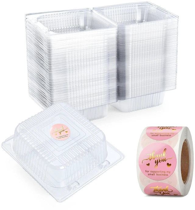 Main image of 100 Pack Heavy Duty Clear Clamshell Food Containers with 500 Stickers Disposable Plastic Sandwich Containers, Clam Shell Boxes for Cake Slice, Dessert, Hamburger, Salad, Pastry, Takeout Tray