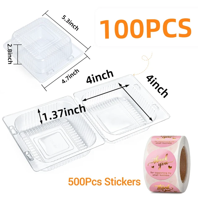 Alt view image 2 of 6 - 100 Pack Heavy Duty Clear Clamshell Food Containers with 500 Stickers Disposable Plastic Sandwich Containers, Clam Shell Boxes for Cake Slice, Dessert, Hamburger, Salad, Pastry, Takeout Tray