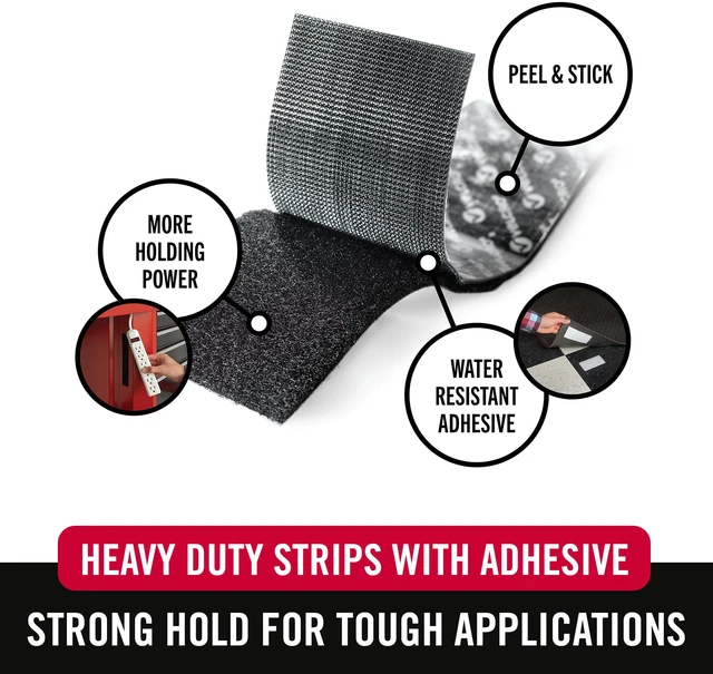 Alt view image 2 of 7 - Heavy Duty Strips with Adhesive, Black, 4x2 in Strips, 15 pk Stick On Adhesive Fasteners For Mounting And Securing Items, 10 lb Industrial Strength Hold For Indoor And Outdoor Use
