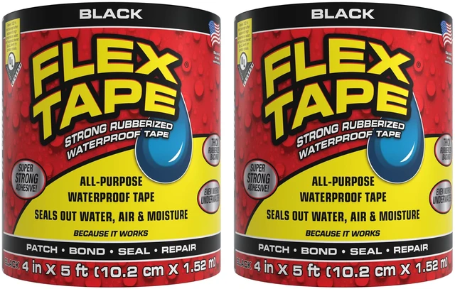 Main image of Strong Rubberized Waterproof Tape, Black, 4 in x 5 ft, 2-Pack Patch, bond, seal, repair, works underwater, strong adhesive, roof leaks, gutters, pipes, pools, boats, RV, UV resistant