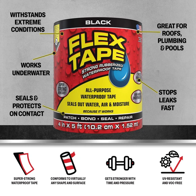 Alt view image 2 of 7 - Strong Rubberized Waterproof Tape, Black, 4 in x 5 ft, 2-Pack Patch, bond, seal, repair, works underwater, strong adhesive, roof leaks, gutters, pipes, pools, boats, RV, UV resistant