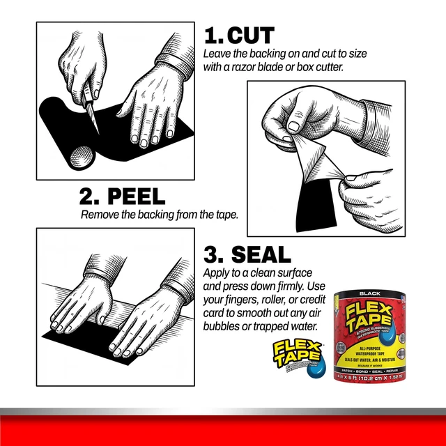 Alt view image 6 of 7 - Strong Rubberized Waterproof Tape, Black, 4 in x 5 ft, 2-Pack Patch, bond, seal, repair, works underwater, strong adhesive, roof leaks, gutters, pipes, pools, boats, RV, UV resistant