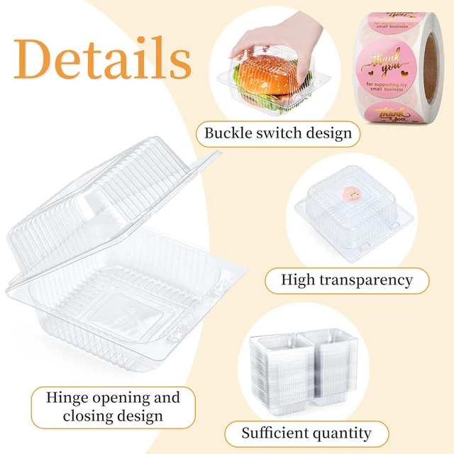 Alt view image 4 of 6 - 100 Pack Heavy Duty Clear Clamshell Food Containers with 500 Stickers Disposable Plastic Sandwich Containers, Clam Shell Boxes for Cake Slice, Dessert, Hamburger, Salad, Pastry, Takeout Tray