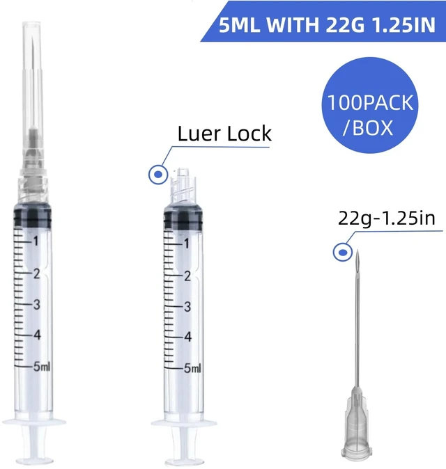 Alt view image 2 of 7 - 100 Pack Disposable 5ml/cc Lab Syringes with 22Ga 1.25 Inch Needle Luer Lock, Individually Sealed Packed