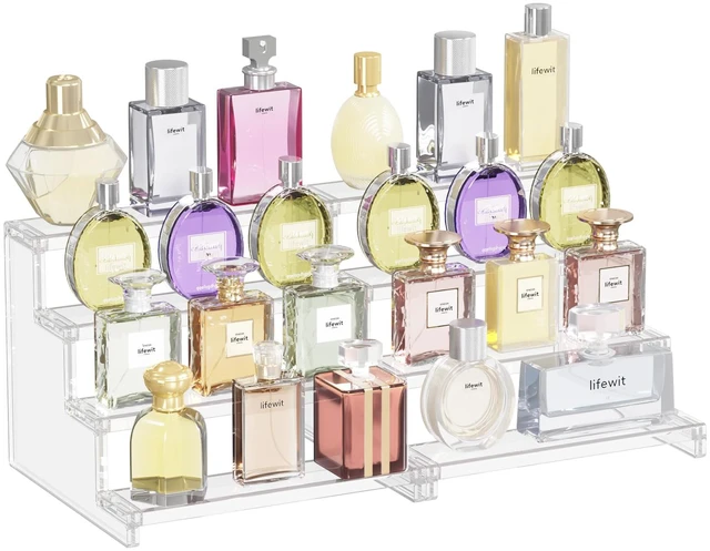 Main image of Perfume Organizer, Cologne Stand Tool-Free Assembly, 9", 2 Pcs Clear Display Riser Shelf for Makeup, Skincare, Nail Polish, Spice, Figure, Bedroom Bathroom Counter Storage Room Decor