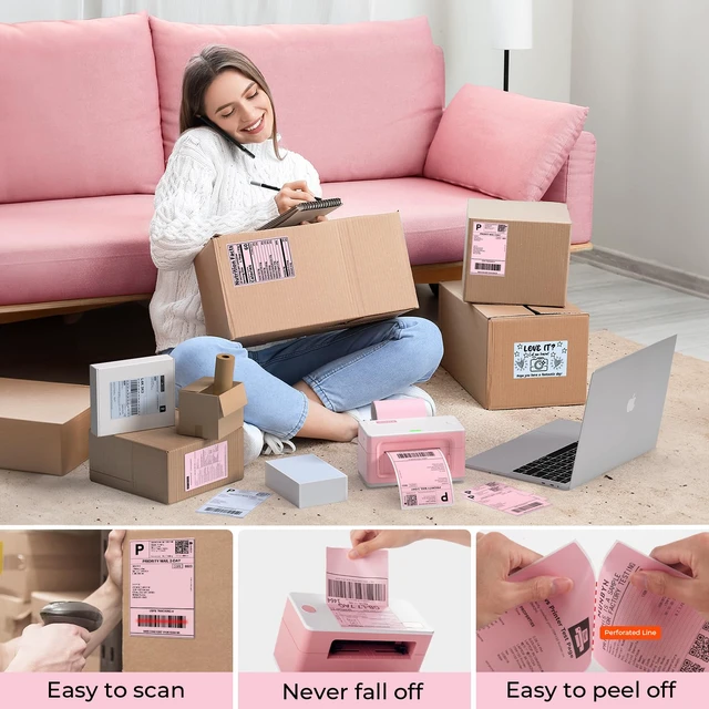 Alt view image 3 of 7 - 4x6 Inch Pink Thermal Printer Labels for Packages, 500 Sheets/Stack 4"x6" Fanfold Shipping Labels, No BPA and BPS, Print Clear and Sharp, Strong Adhesive, Compatible with Most Thermal Printers