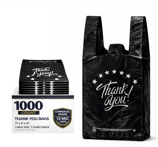 Main image of 1000 Count Black Thank You T-Shirt Bags Reusable & Disposable Grocery & Supermarket Carry Bags, 11"x6"x21"