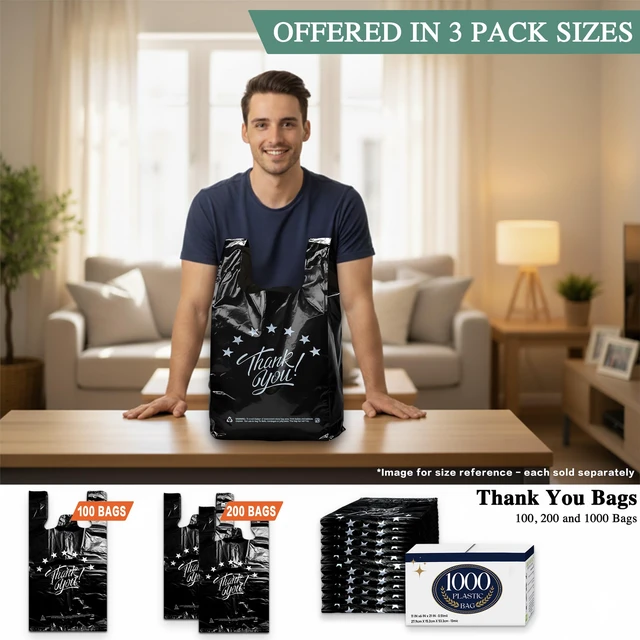 Alt view image 2 of 7 - Black Thank you T shirt bag, Grocery shopping bag Reusable and Disposable Supermarket Bag 11''x6''x21'' 200PCS