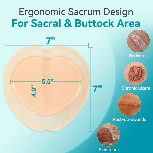 Alt view image 6 of 7 - Sacrum Foam Dressing Silicone Adhesive Border 7" x 7" (5 Packs) 5-Layer Megasorb Silicone Foam Dressing Waterproof breathable Gentle border, Sacral Bedsore Pressure Sore pads