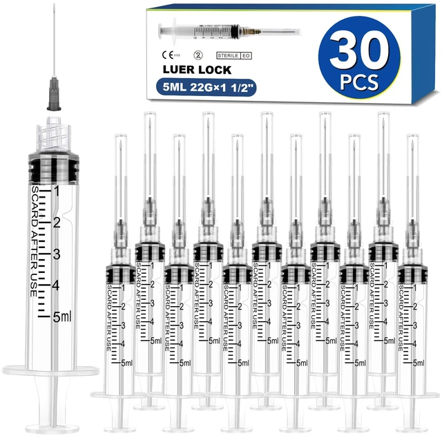 Main image of 30 Pack 5ml Syringes with Needle-22Ga 1.5 Inch Needle with Luer Lock, Individually Sealed Packaging