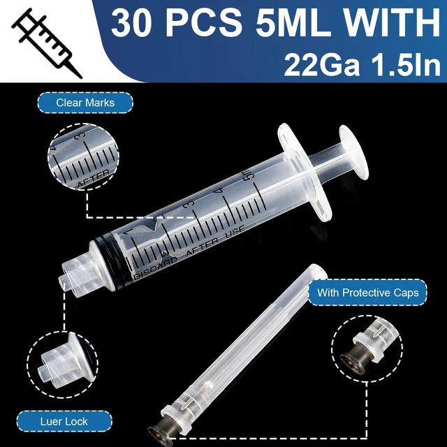 Alt view image 3 of 7 - 30 Pack 5ml Syringes with Needle-22Ga 1.5 Inch Needle with Luer Lock, Individually Sealed Packaging