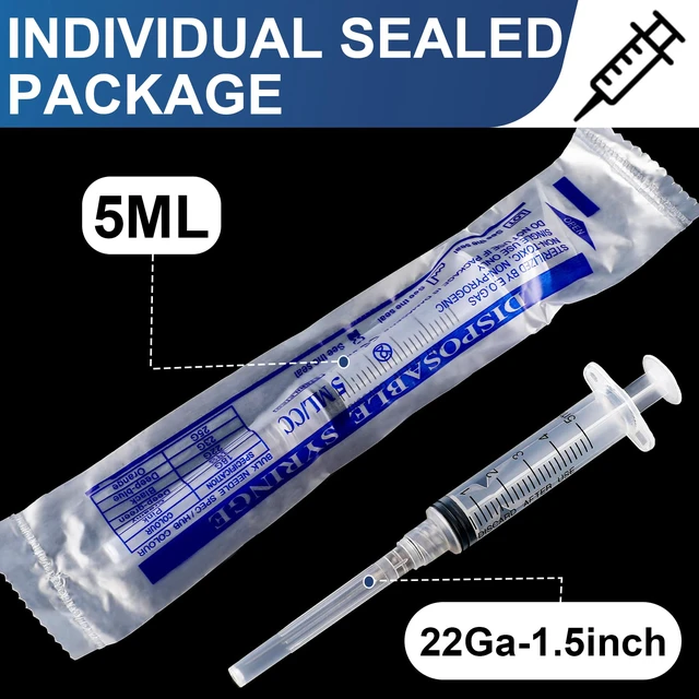 Alt view image 2 of 7 - 30 Pack 5ml Syringes with Needle-22Ga 1.5 Inch Needle with Luer Lock, Individually Sealed Packaging